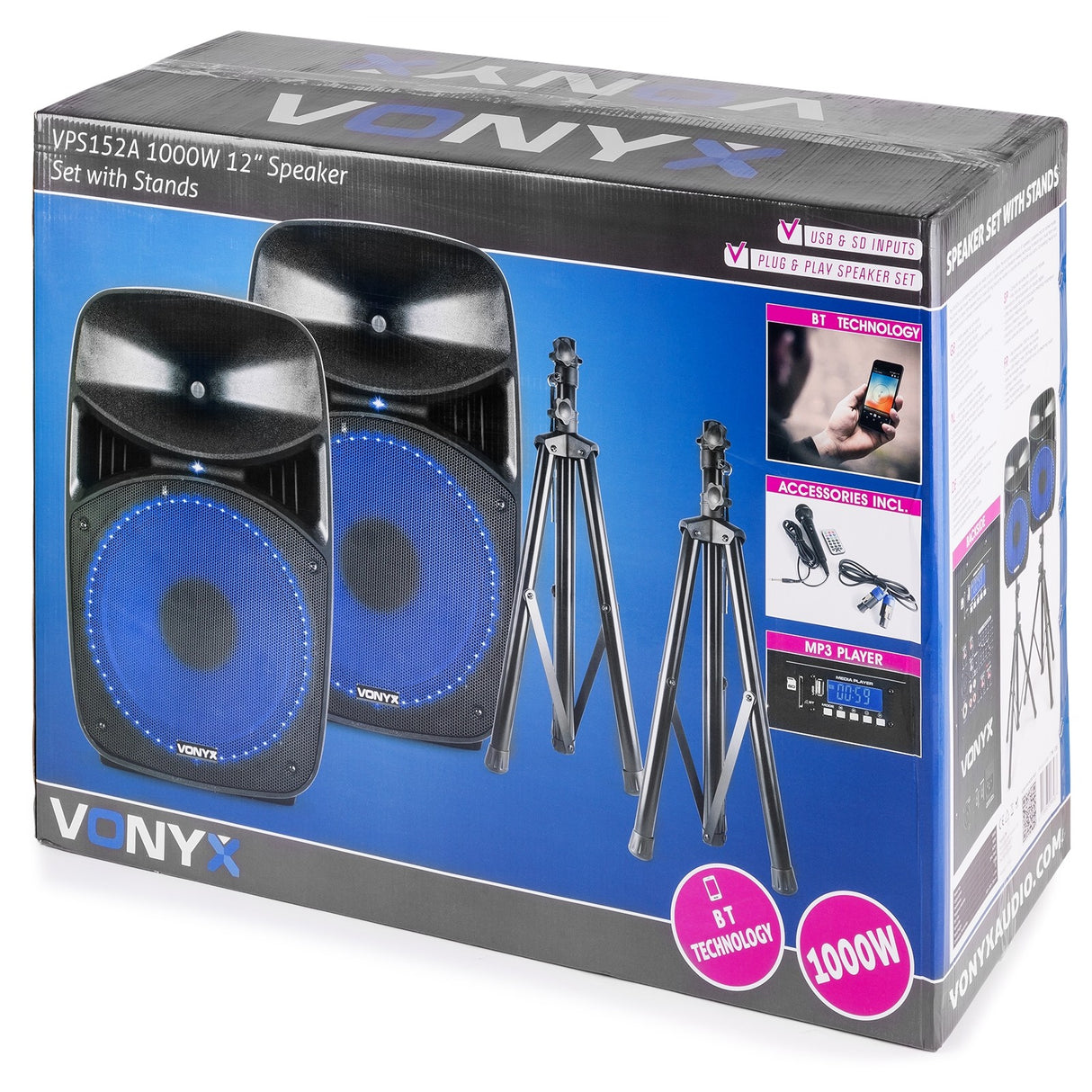 VONYX VPS122A 800W Actieve Speakerset met Bluetooth, USB/SD en 12 inch Woofers