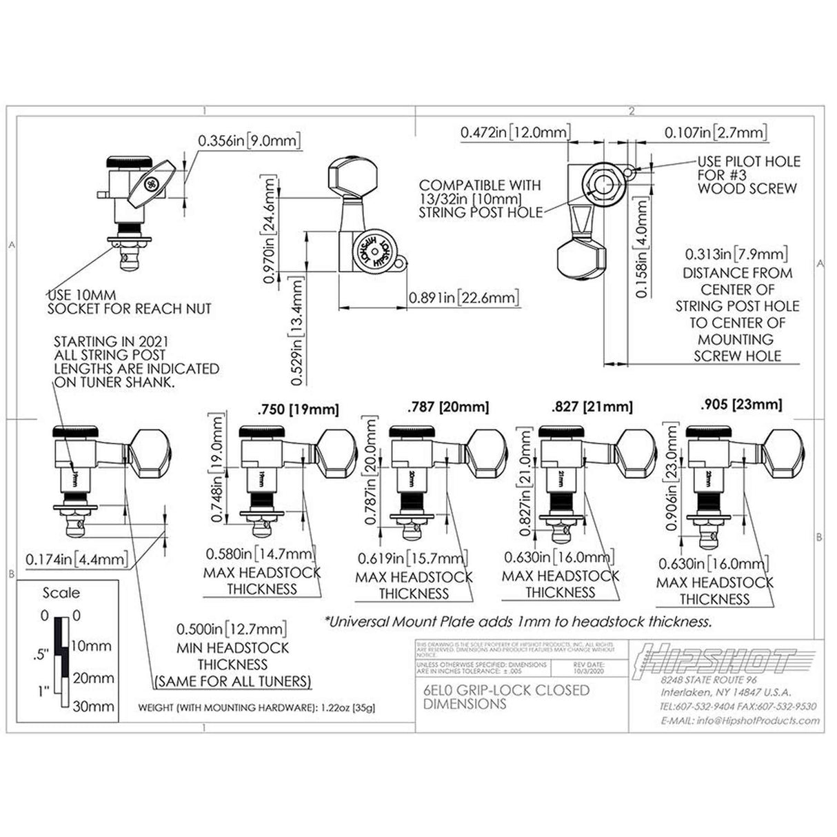 Hipshot HS6K1EL0NST Gitaar tuner upgrade kit, 6 inline Grip-Lock, closed nikkel staggered