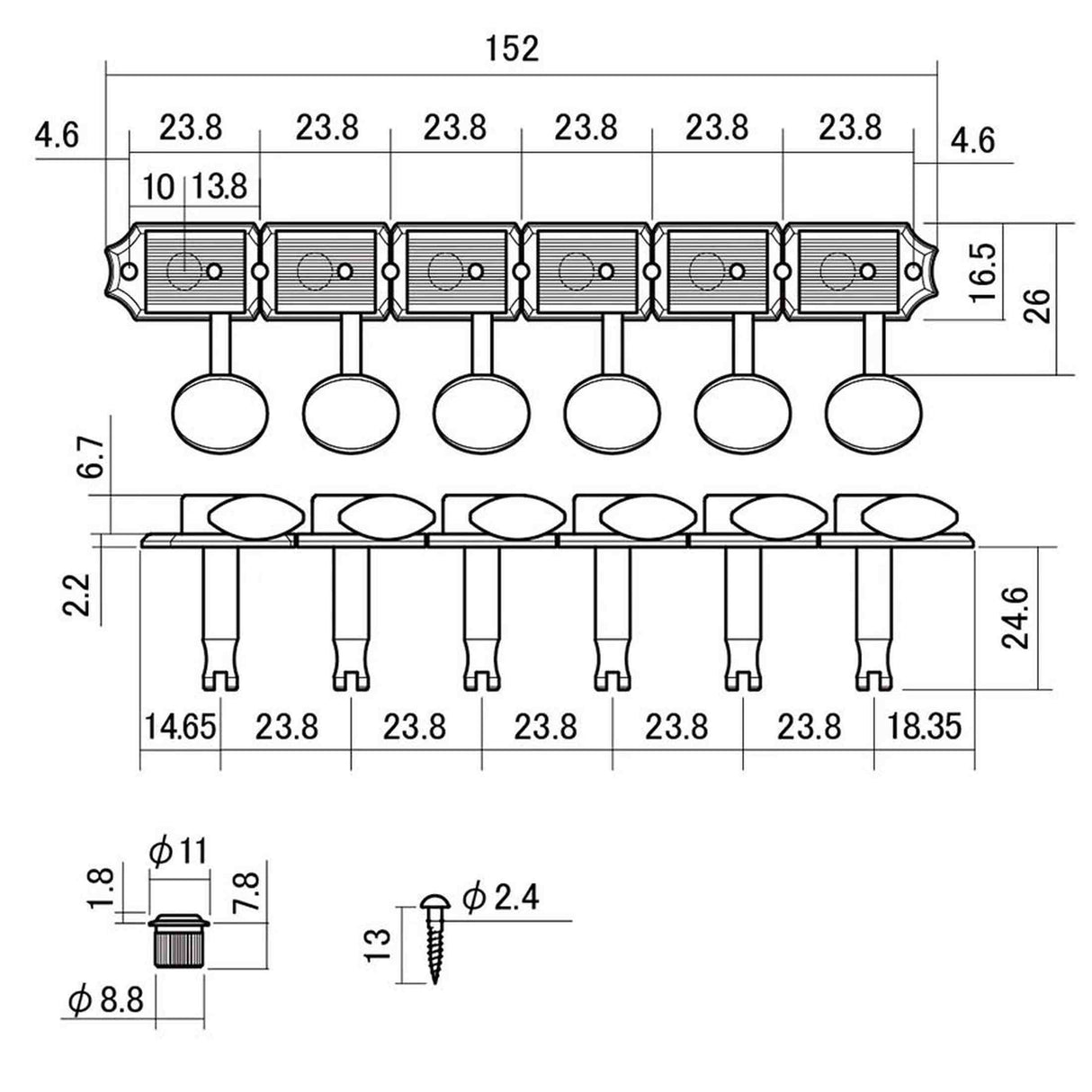 Hosco Japan H-21333GSVTR Stemmechanieken voor gitaar, 6x links, Vintage Tone Revival Series, goud oval knop, goud