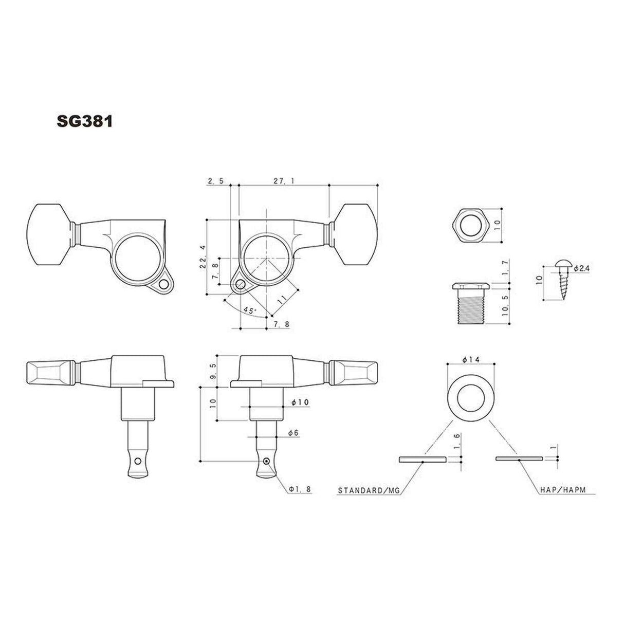 Gotoh GTH13815 SG381 stemmechanieken met 05 knoppen, 3L3R, cosmo zwart