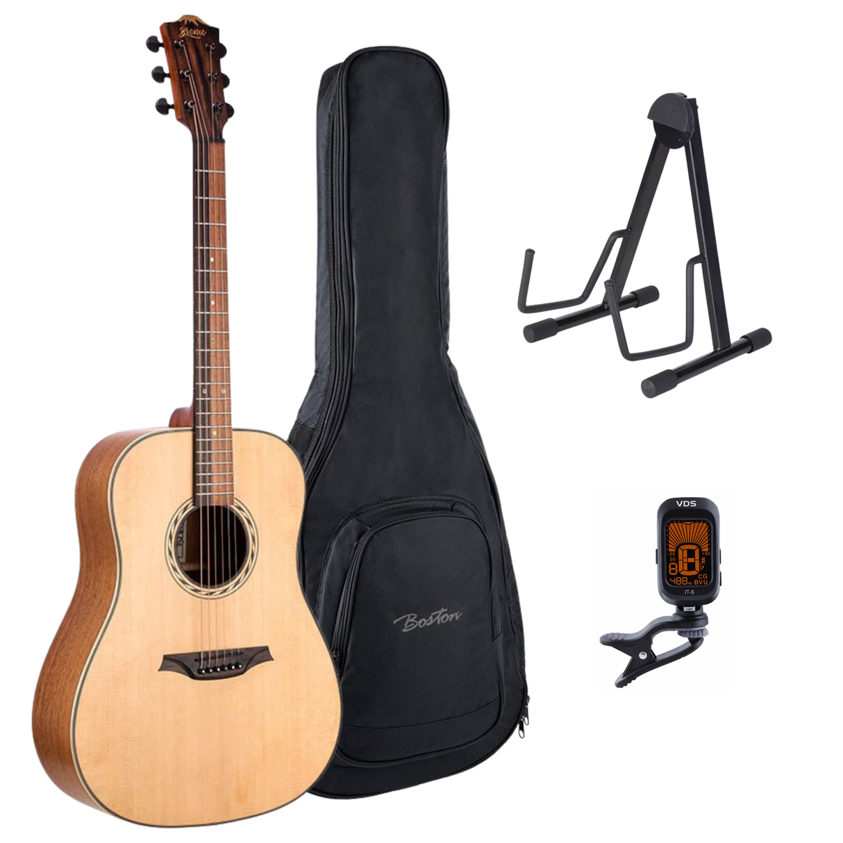 Bromo BAT1 Tahoma Series Gitaarset β Dreadnought met Massief Sparren Bovenblad, Gigbag, Standaard en Tuner