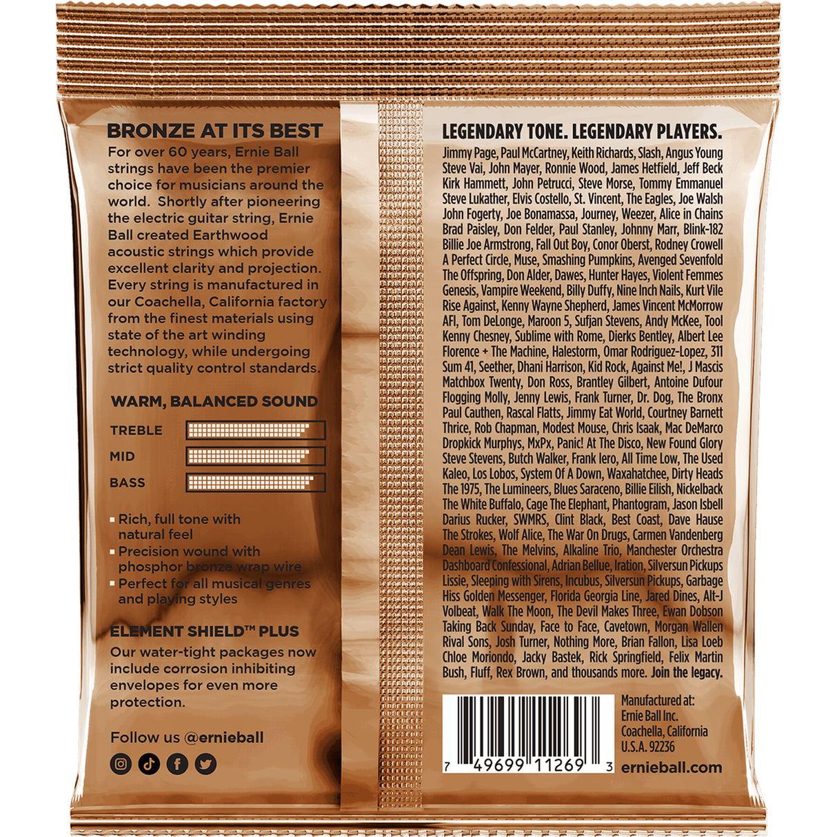 Ernie Ball 3551 Earthwood Fosforbrons Akoestische Gitaarsnaren Rock & Blues 10–52 3-Pack