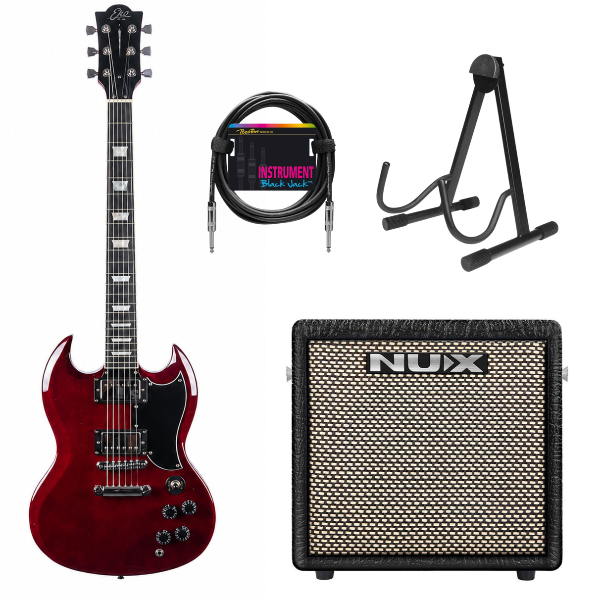 EKO DV300 Double Cut Elektrische Gitaar Set Rood + NUX Mighty-8 MK2 Versterker