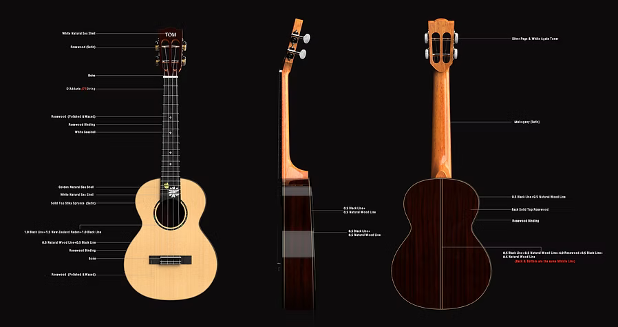 Tom S7 Tenor Ukulele Massief Sparren en Rozenhout met Luxe Hoes