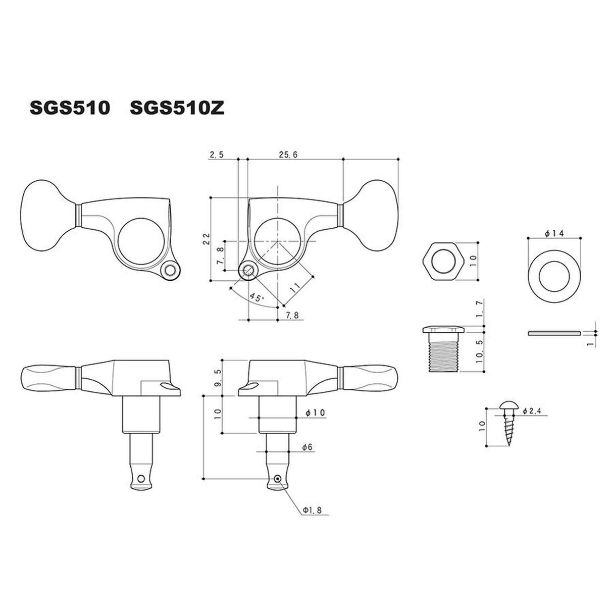 Gotoh GTH14777 SGS510Z stemmechanieken met L5 knoppen, 3L3R, goud
