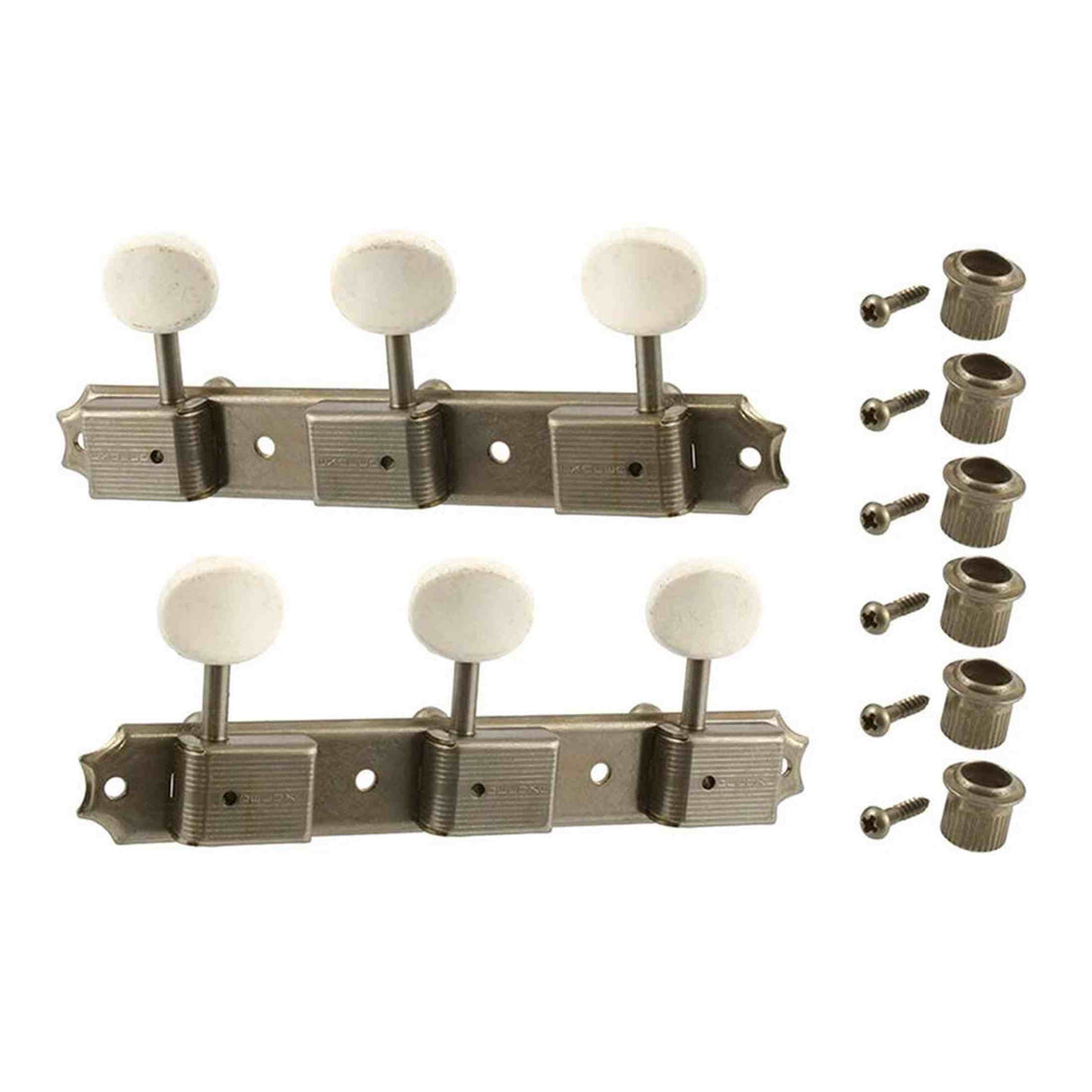 Allparts TK0700007 Gotoh vintage deluxe style 3x3 keys on a strip, 70 mm, off-white plastic knoppen, aged nikkel, 2pcs