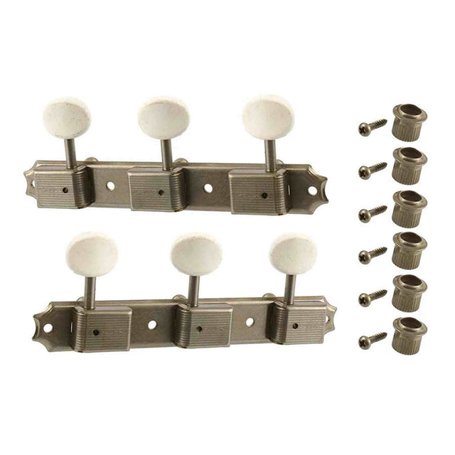 Allparts TK0700007 Gotoh vintage deluxe style 3x3 keys on a strip, 70 mm, off-white plastic knoppen, aged nikkel, 2pcs