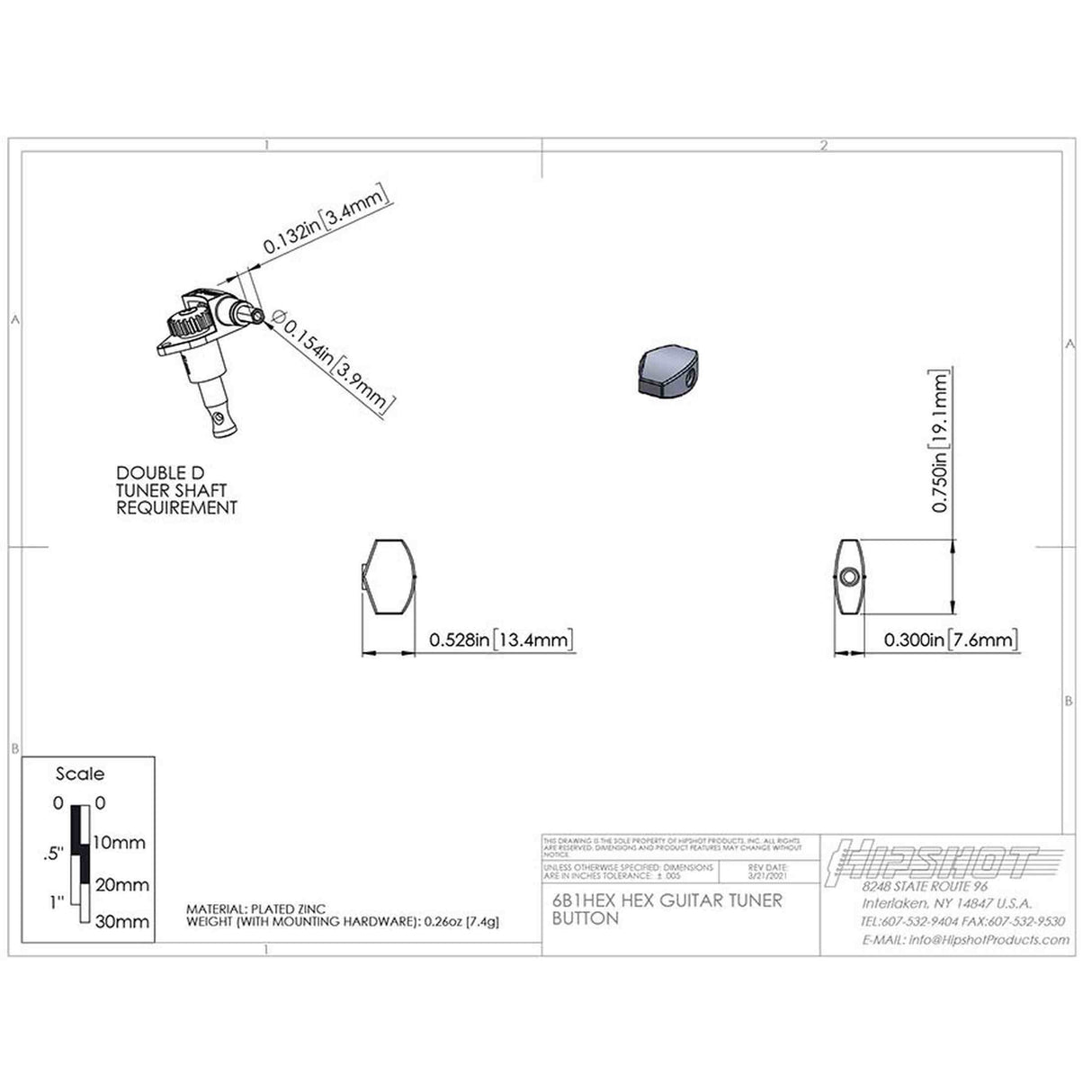 Hipshot HS6B1HEXN Hex Stemknop voor Gitaarmechaniek Nickel, per stuk