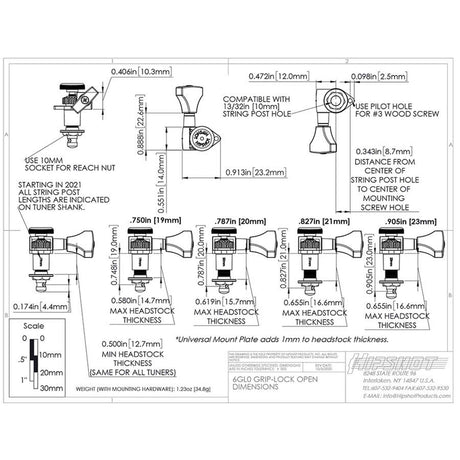 Hipshot HS6K1GL0NST Gitaar tuner upgrade kit, 6 inline Grip-Lock, open nikkel staggered