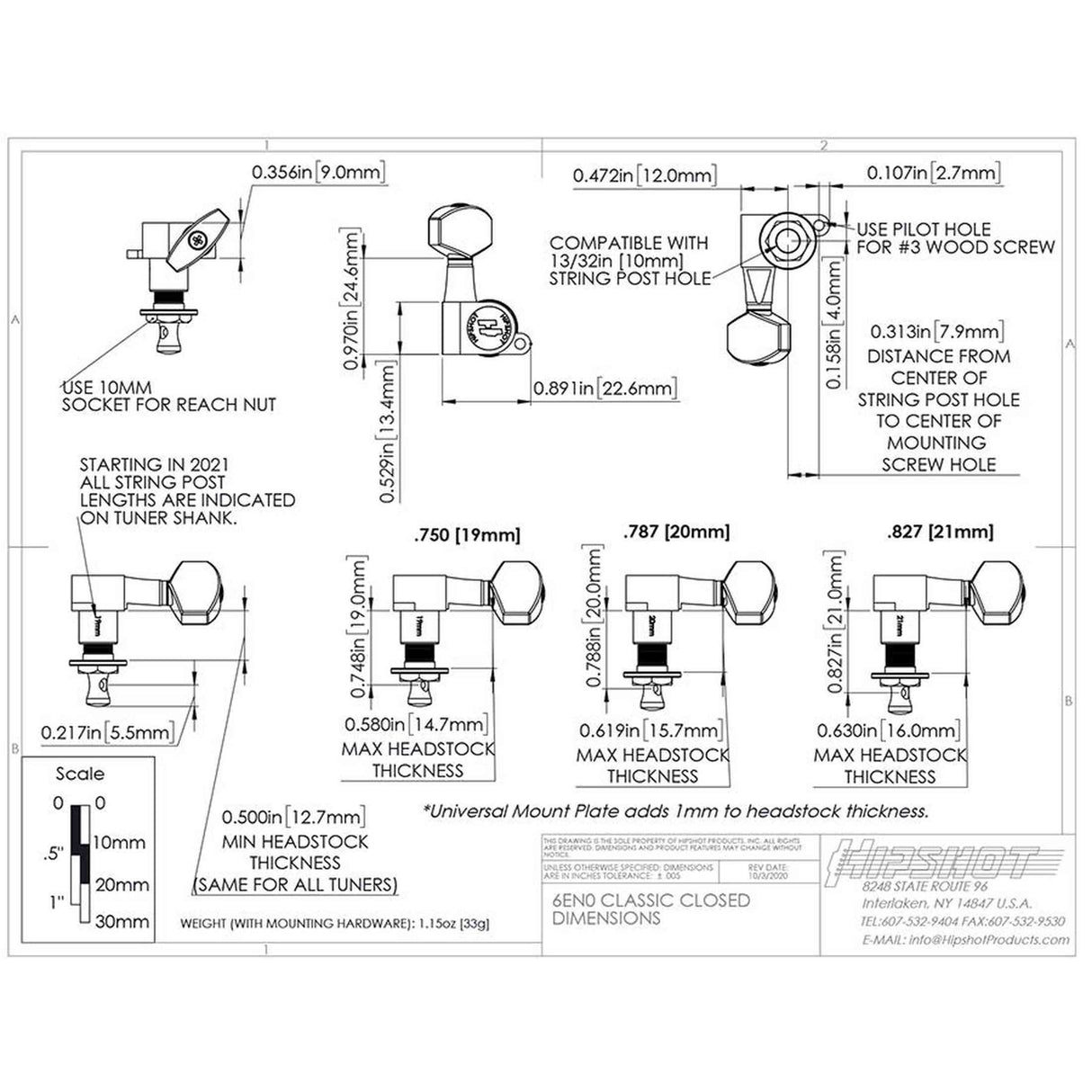 Hipshot HS6K2EN0B Gitaar tuner upgrade kit, 3 + 3 classic, closed zwart