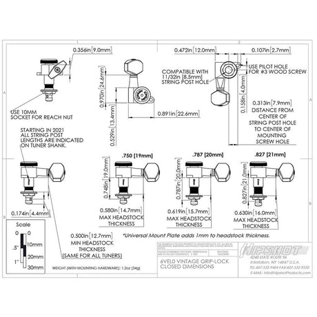 Hipshot HS6K2VEL0N Vintage gitaar tuner upgrade kit, 3 + 3 Grip-Lock, closed nikkel