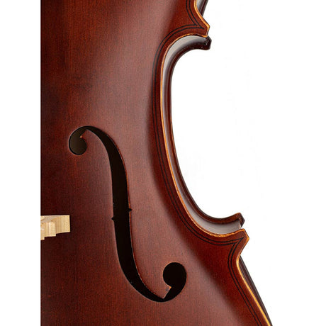 Leonardo LC-1318 cello 1/8, gelamineerd met gevlamde achterkant en zijkanten, ebbenhouten beslag, tas en strijkstok