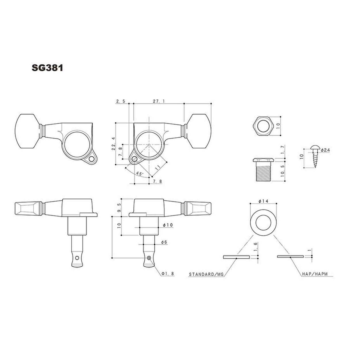Gotoh GTH14101 SG381 stemmechanieken met Magnum Lock Trad and 07 knoppen, 6R, zwart