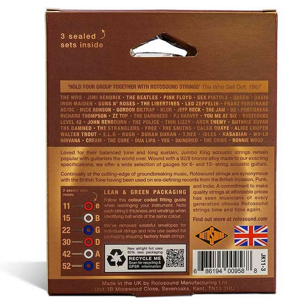 Rotosound JK11-3 Jumbo King 3-Pack Snarensets Akoestisch 011–052 – Phosphor Bronze