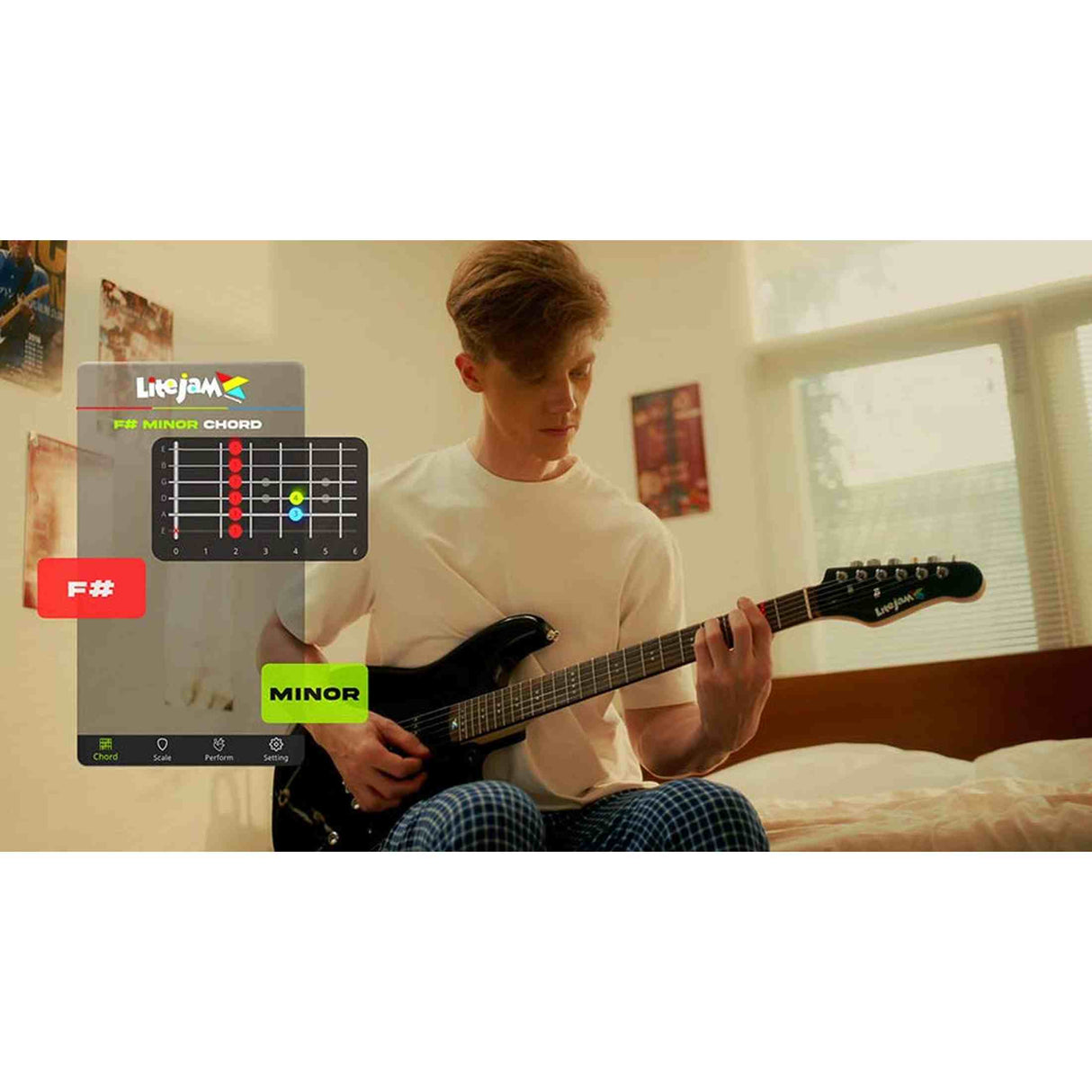 Litejam RGB24/BK elektrische gitaar – 24 frets, 144 RGB LED’s, HSH-configuratie, met gigbag, zwart