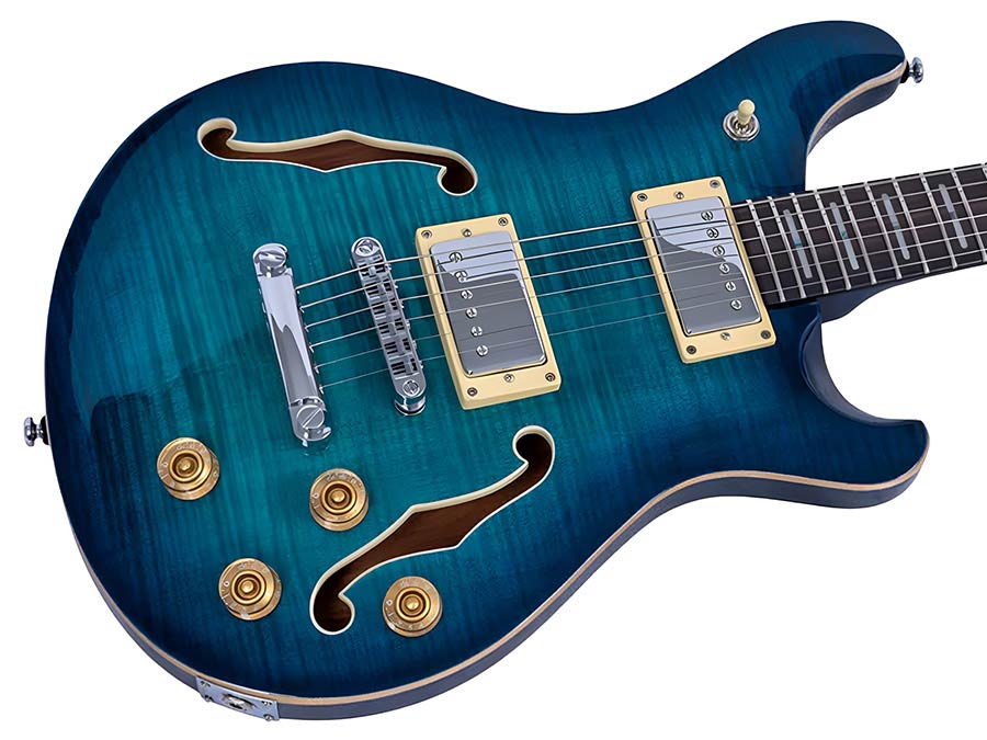 Sire Q7H/TBL Larry Carlton Hollow Elektrische Gitaar Transparent Blue met Chambered Mahonie Body en Locking Tuners