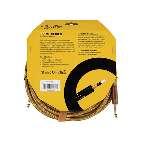 Boston GCRT-60S Prime Series Instrumentkabel 6 meter Jack naar Silent Jack Geel Tweed